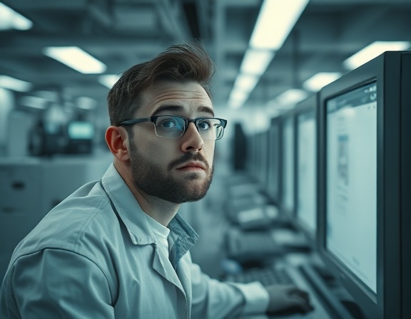 busy testing laboratory, curious expression, monitoring computer screens, photorealistic, spacious room filled with equipment, highly detailed, flickering monitors, cutting-edge clarity, monochrome shades, ambient fluorescent light, shot with an 85mm lens.