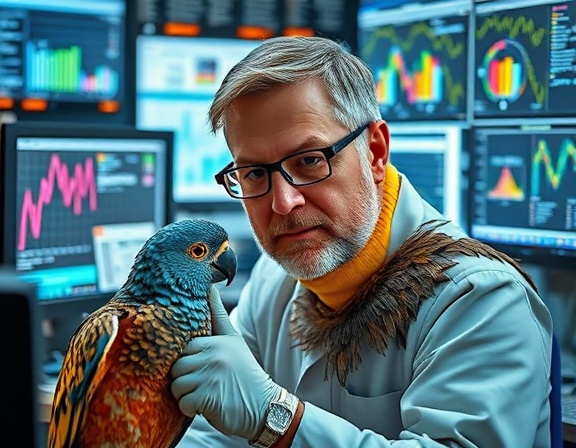 avian genetics exploration, inquisitive expression, extracting bird DNA, photorealistic, surrounded by charts and bird feathers, highly detailed, flickering computer monitors, full HD, colorful, bright LED lighting, shot with a 24-70mm lens.