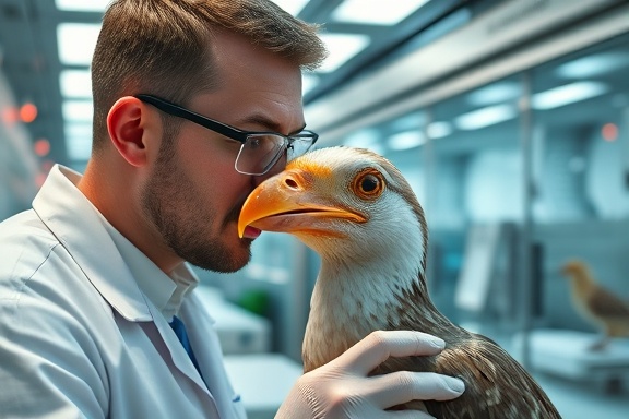 pioneering avian genetics, analytical expression, identifying anomalies, photorealistic, futuristic lab with glass partitions, highly detailed, blinking LEDs and beeping noises, distant shot, cold palette, subtle backlighting, shot with a 70-200mm telephoto lens