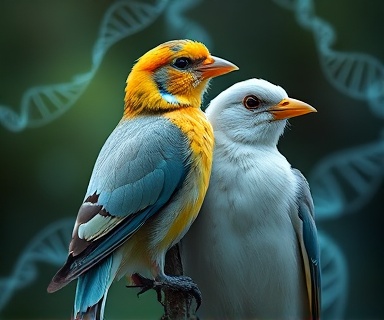 cutting-edge genetic sexing, analytical expression, determining bird genders, photorealistic, with genetic markers displayed around, highly detailed, spinning DNA helix graphics, 35mm film, vivid colors, soft spotlight, shot with a telephoto lens.