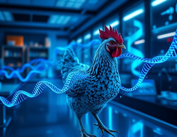 explorative chicken genome project, inquisitive, linking data points, photorealistic, modern lab with innovative research tools, highly detailed, vibrant holographic data streams, fine detail, deep shades of blue and silver, mixed natural and artificial light, shot with a 70mm lens.