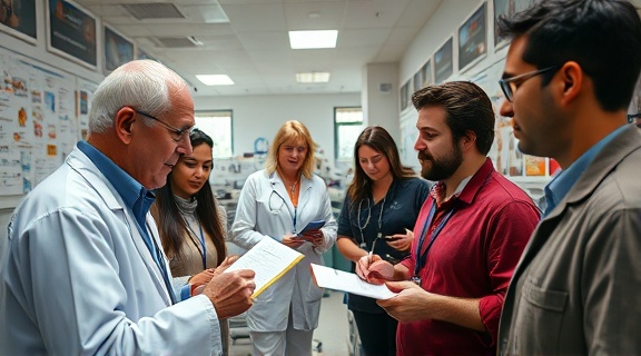 dynamic avian laboratory, excited expression, writing notes, photorealistic, collaborative environment with teams discussing, highly detailed, posters and charts on walls, wide view, diverse colors, natural and artificial lighting blend, shot with a 28mm wide-angle lens