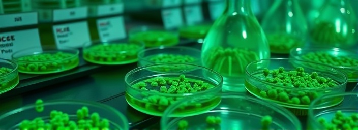 intricate microbiology culture, thriving, multiplying in petri dishes, photorealistic, tidy shelves and labeled specimens around, highly detailed, visible microbial growth patterns, 4K detail, green hues, soft diffuse lighting, shot with a 85mm lens