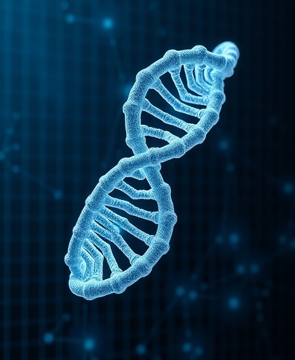 complex molecular DNA, depicting information density, twisted into a double helix, photorealistic, set against a digital grid backdrop symbolizing genetic analysis, highly detailed, slow rotation for 3D view, clear focus on intricate patterns, glowing white and blue, ambient overhead lighting, shot with a super macro lens.