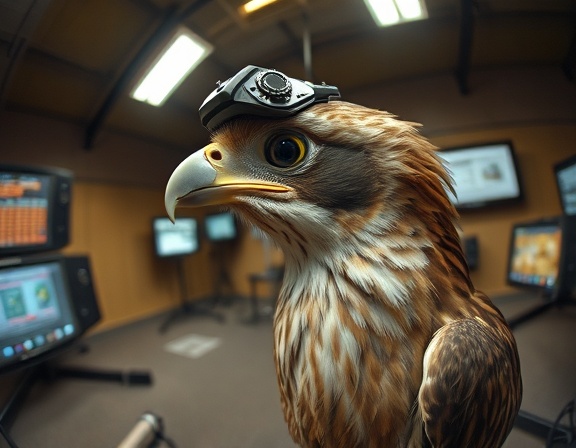 geared avian testing, calculating expression, forming hypotheses, photorealistic, sidelong view with transparent barriers, highly detailed, flickering screen displays, encompassing angle, earthy tones, ambient mood lighting, shot with a 14mm fisheye lens