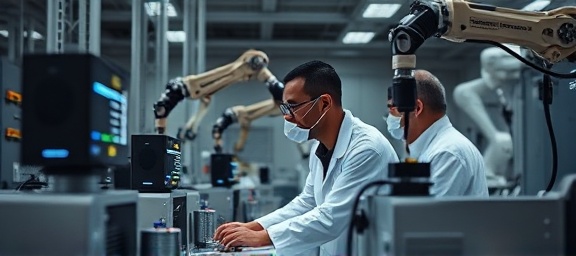 modern test equipment, technicians focused, operating with precision, photorealistic, inside a high-tech laboratory with blinking indicators, highly detailed, moving robotic arms, f/2.8, 85mm lens, neutral colors, soft ambient light, shot with a wide-angle lens.