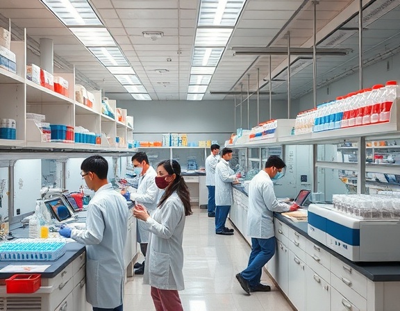 thorough sample laboratory, energetic, multiple scientists collaborating, photorealistic, spacious lab with open shelving and large machines, highly detailed, dynamic human interaction, colorful materials accent, even lighting with minimal shadows, shot with a 28mm wide-angle lens.