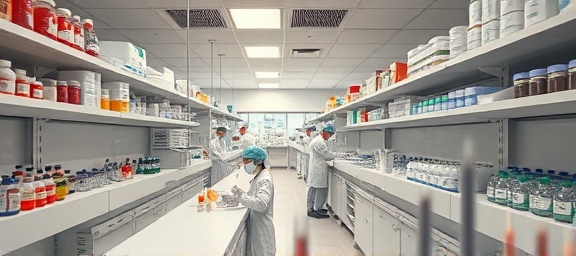 clinical laboratory, intense, scientists conducting experiments, photorealistic, bustling environment with white countertops and shelves full of chemicals, highly detailed, lab equipment in motion, warm tones, fluorescent overhead lighting, shot with a 24mm wide-angle lens.