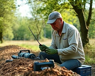 innovative environmental testing, determined expression, collecting soil samples, photorealistic, open-air testing area with portable equipment, highly detailed, rustling leaves and distant bird calls, pristine clarity, earthy tones, bright natural sunlight, shot with a 24mm lens.