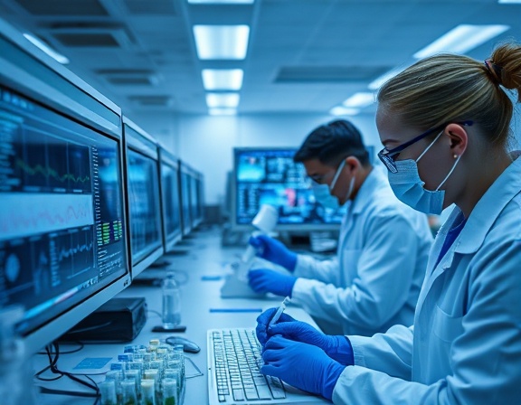 dedicated microbiology research, analytical, observing sample analysis, photorealistic, rows of computers and data charts visible, highly detailed, dynamic interaction between researchers, high resolution output, blue and white color contrast, ambient laboratory lighting, shot with a zoom lens