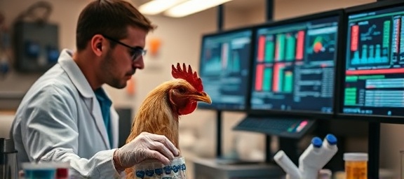 chicken lab experiment, focused, researchers examining data, photorealistic, cluttered laboratory with test tubes and computers, highly detailed, digital screens showing complex sequences, high dynamic range, neutral tones, low warm lighting, shot with a 135mm lens.