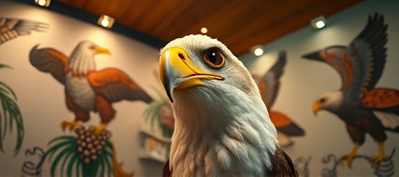 cutting-edge bird testing, curious expression, observing genetic variance, photorealistic, eagle illustrations on walls, highly detailed, twinkling equipment lights, 4K resolution, tropical hues, balanced warm lighting, shot with a fisheye lens.