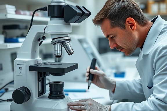 advanced microbiology microscope, precise, adjusting the lens, photorealistic, workstation filled with notes and lab equipment, highly detailed, technician checking slides, detailed close-ups, silver and black tones, direct task lighting, shot with a telephoto lens