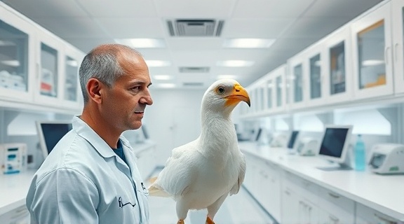 advanced avian laboratory, focused expression, conducting experiments, photorealistic, sterile white room lined with cabinets, highly detailed, machines and monitors running, wide-angle view, neutral colors, soft ambient lighting, shot with a 24mm wide-angle lens