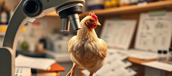 genome of a chicken, enlightened, being studied under a microscope, photorealistic, laboratory with scattered research papers and charts, highly detailed, microscopic detail evident, shallow depth of field, warm earthy tones, LED lighting, shot with a 85mm lens.