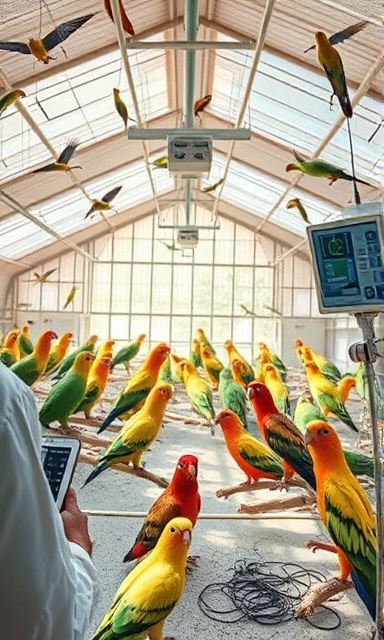 concerning avian health, vigilant, monitoring, photorealistic, large aviary with various bird species, highly detailed, health monitoring devices in use, calming pastel colors, natural sunlight filtering through, shot with a wide-angle lens.