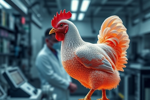 innovative chicken science, groundbreaking, creating a genetic model, photorealistic, amidst advanced equipment and researchers in contemplation, highly detailed, genetic patterns visualized in 3D, sharp resolution, bright contrasting colors, focused spot lighting, shot with a 50mm lens.