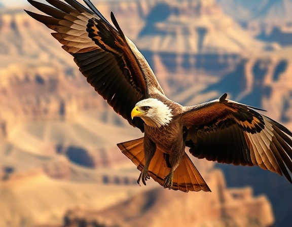 majestic bird order, proud stance, soaring, photorealistic, vast canyon background, highly detailed, sweeping winds and fluttering feathers, ultra-high resolution, rich earthy tones, golden hour lighting, shot with a 200mm lens