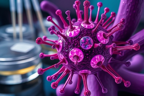 colorful molecular cell, showing diversity, interacting with neighboring structures, photorealistic, in a dynamic biological environment featuring petri dishes and pipettes, highly detailed, faint oscillations of cellular membranes, extreme close-up, rich purples and reds, soft natural lighting, shot with a macro lens.