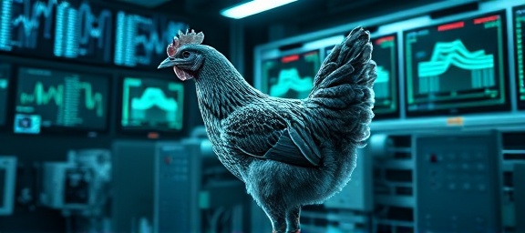 complex chicken genetics, innovative, mapping onto screens, photorealistic, against a futuristic laboratory backdrop with computer displays, highly detailed, data streams flowing, deep focus, monochrome with teal accents, continuous lighting, shot with a 50mm lens.