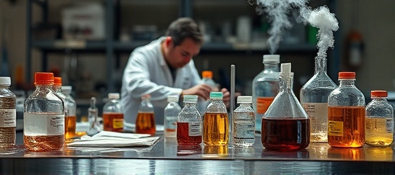 robust test materials, scientist engaged, conducting experiments, photorealistic, scattered on an industrial workbench covered in chemical stains, highly detailed, fumes rising, ISO 320, 35mm lens, earthy colors, side lighting, shot with a zoom lens.