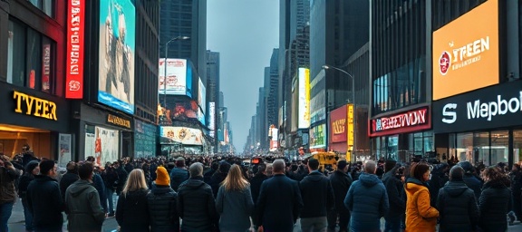 fast-spreading avian virus, urgent, containing, photorealistic, bustling city with press and emergency services, highly detailed, visible concern among citizens, contrasting black and yellow, emergency floodlights, shot with a zoom lens.