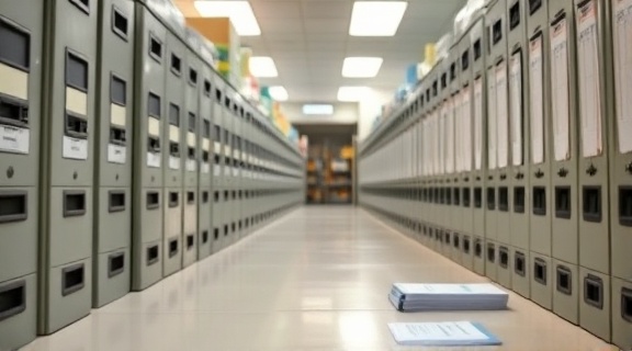 organized microbiology research, systematic, filing reports, photorealistic, neat rows of file cabinets and research papers, highly detailed, highlighted areas of focus, 3200 dpi quality, pastel colors, focus light on the table, shot with a portrait lens