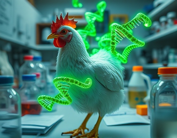 dynamic chicken genome, curious, unraveling and expanding, photorealistic, surrounded by laboratory equipment and notes, highly detailed, DNA strands vibrating with energy, sharp focus, bright fluorescent colors, artificial lab light, shot with a 35mm prime lens.