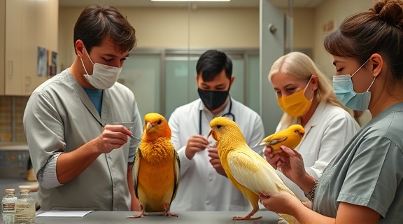 emerging avian flu, cautious, vaccinating, photorealistic, urban veterinary clinic with anxious pet owners, highly detailed, diverse bird species being cared for, warm yellows and whites, soft ambient light, shot with a 35mm lens.