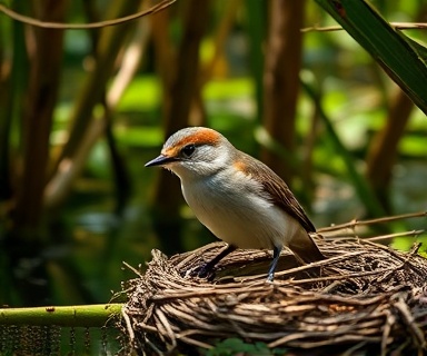 elusive test bird, curious tilt, nesting, photorealistic, dense swamp background, highly detailed, flowing water and buzzing insects, macro depth, vivid greens and browns, dappled sunlight, shot with a 100mm macro lens